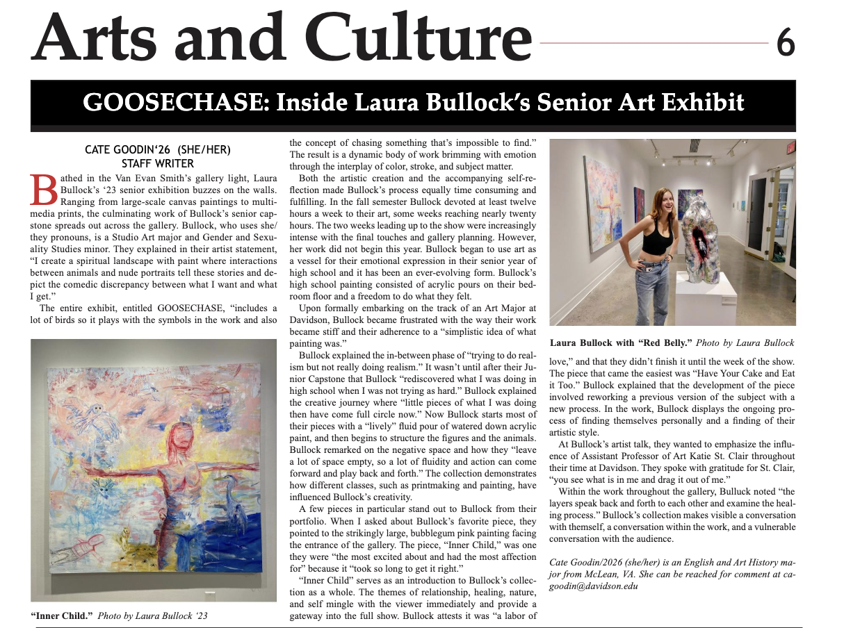 Newspaper page of Arts and Culture section with an image of a painting in the lower left and an image of the artist in the upper right