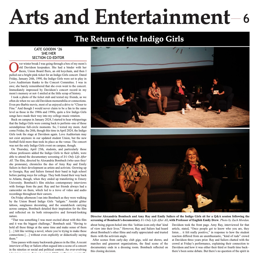 Newspaper page of Arts and Entertainment section, with two images of women speaking on a panel on the right side