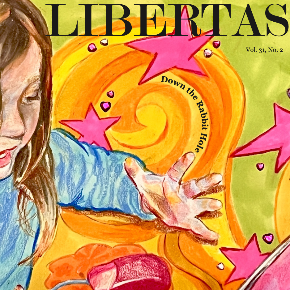Drawn girl coming out of left side of frame, her hand up over a mouse controller, looking at a computer screen. A background of orange swirl and pink stars over a green  backdrop. Title Libertas Down the Rabbit Hole in upper half.