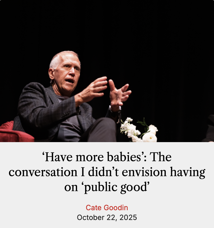Man with hands raised, speaking, over article title 'Have more babies'