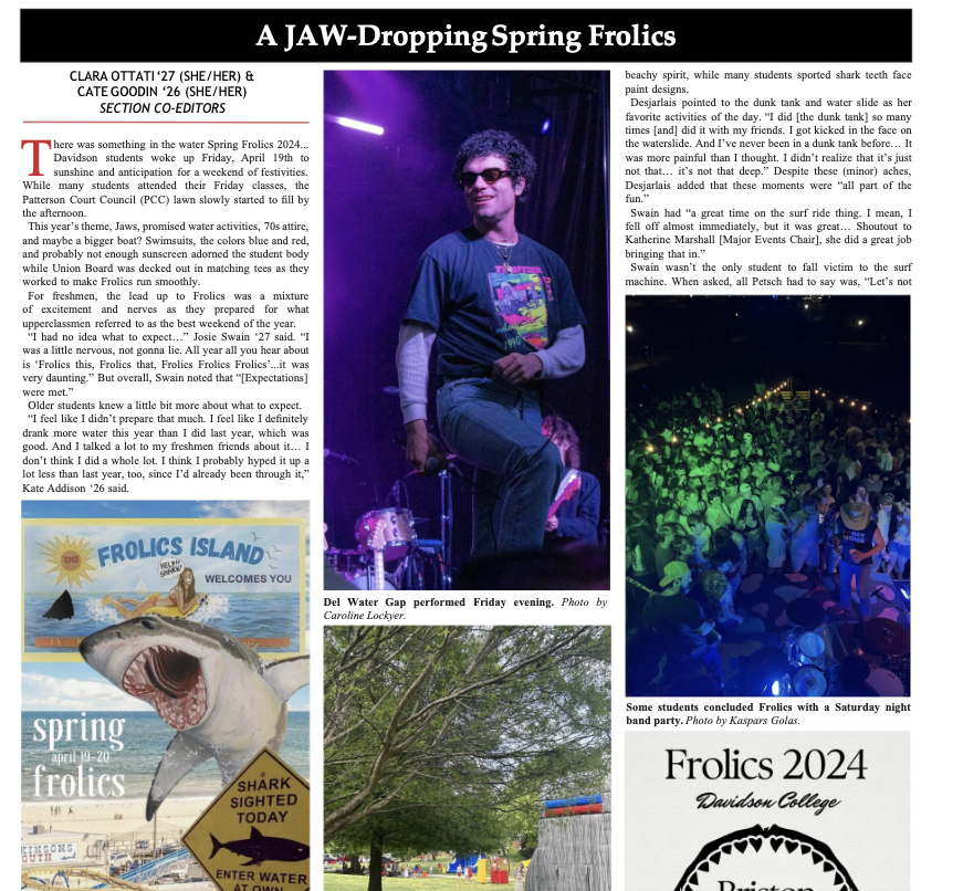 Newspaper section of A JAW-Dropping Spring Frolics article. Six images of the concert and Frolics event fill the page with text.