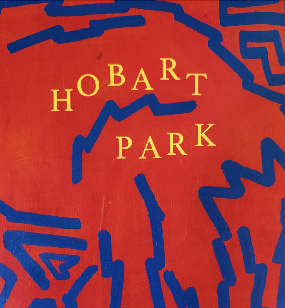 Blue abstract lines over red backdrop, with yellow Hobart Park text over the cover